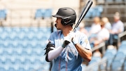 FerryHawks outfielder Aaron Takacs on-deck at SIUH Community Park.