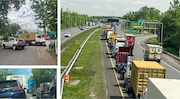Heavy truck traffic causes disruptions in the vicinity of the Goethals Bridge on Thursday, May 8, 2025.